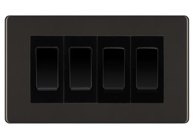 BG Black Nickel Screwless 4 Gang 20AX 2-Way Switch Custom Grid - Black Insert by British General (BG-SCRL-BN-4G-Combo-4x 2WAY-BL)