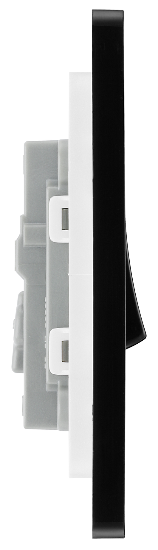 PCDSB13B Side - This Evolve Satin Brass 20A 16AX intermediate light switch from British General should be used as the middle switch when you need to operate one light from 3 different locations, such as either end of a hallway and at the top of the stairs. This switch has a low profile screwless flat plate that clips on and off, making it ideal for modern interiors.