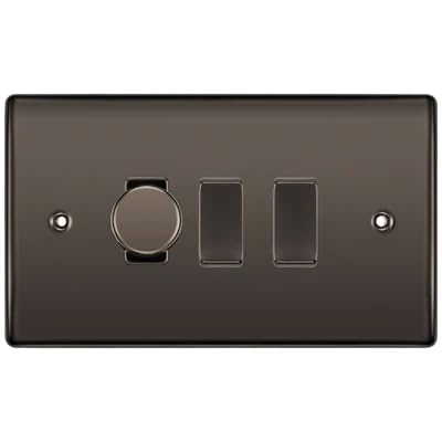 BG Nexus Black Nickel 3 Gang Light Switch Grid – 1x Trailing-Edge LED Dimmer, 1x Intermediate, 1x 2-Way Switch by British General (BG-Nexus-BN-3G-1x-Dimmer-1x-INT-1x-2Way)