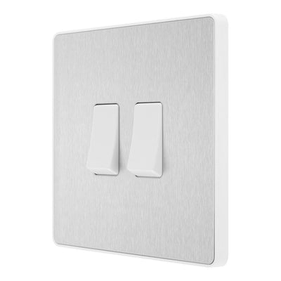 BG Evolve Brushed Steel 2 Gang 20A 16AX 2 Way Light Switch PCDBS42W with 35mm Steel Back Box