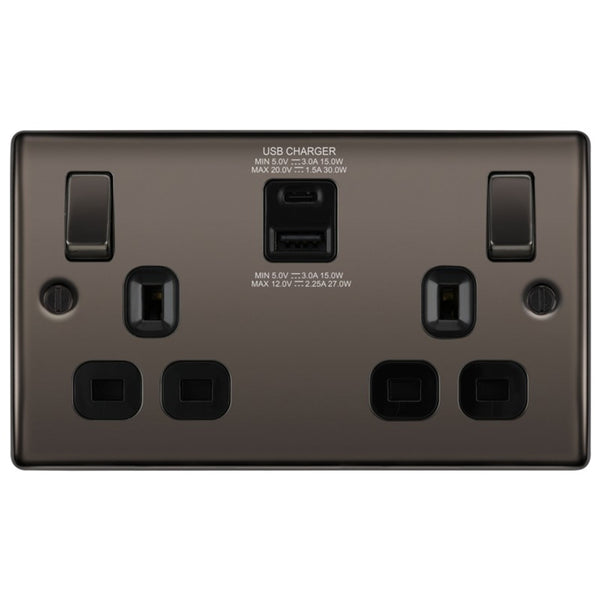 BG NBN22UACB Double 13 Amp Socket Outlet with A and C type USB Charger Black Nickel