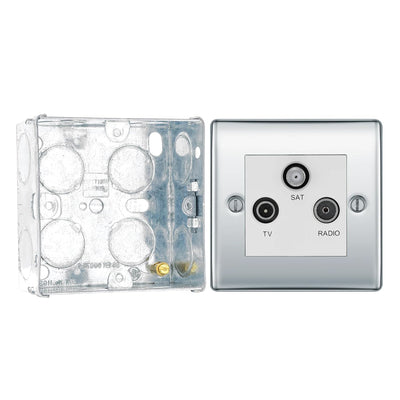 BG Nexus Polished Chrome Triplex TV/FM/Sat Socket NPC67 with 35mm Steel Back Box