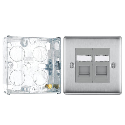 BG Nexus Brushed Steel 2 Gang RJ45 Double Data Outlet NBSRJ452 and 25mm Steel Back Box by British General (BG-NBSRJ452+HGS02)