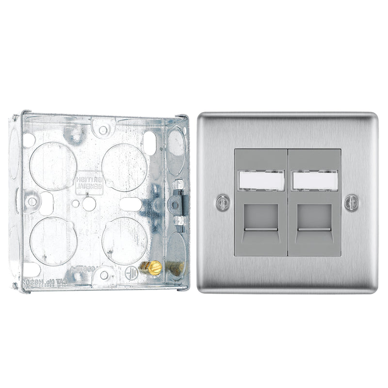 BG Nexus Brushed Steel 2 Gang RJ45 Double Data Outlet NBSRJ452 and 25mm Steel Back Box