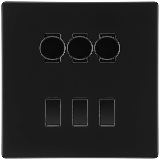 BG Screwless Matt Black 6 Gang Switch 3x Trailing Edge LED Dimmer 3x 2Way Custom Switch