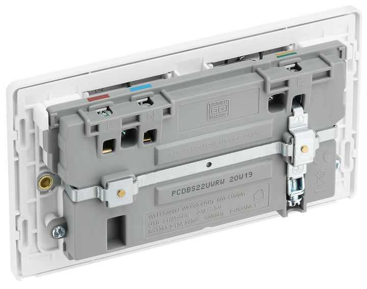 PCDBS22UWRW Back  - This Evolve Brushed Steel 13A double power socket with integrated Wi-Fi Extender from British General will eliminate dead spots and expand your Wi-Fi coverage.