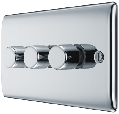 BG NPC83 Nexus Metal Polished Chrome 3 Gang 200W 2 Way Trailing Edge Push Type Dimmer Switch