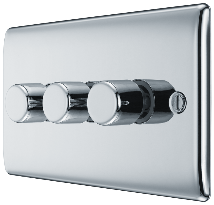 NPC83 Side - This trailing edge triple dimmer switch from British General allows you to control your light levels and set the mood. The intelligent electronic circuit monitors the connected load and provides a soft-start with protection against thermal.