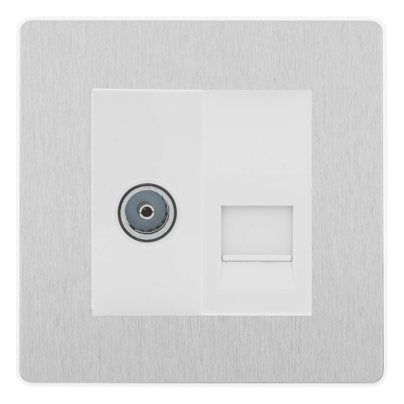 BG Evolve Brushed Steel TV Aerial & Master Telephone Socket — White Insert