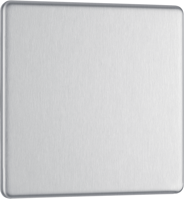 FBS94 Front - This screwless brushed steel single blank plate from British General is ideal for covering unused electrical connection.