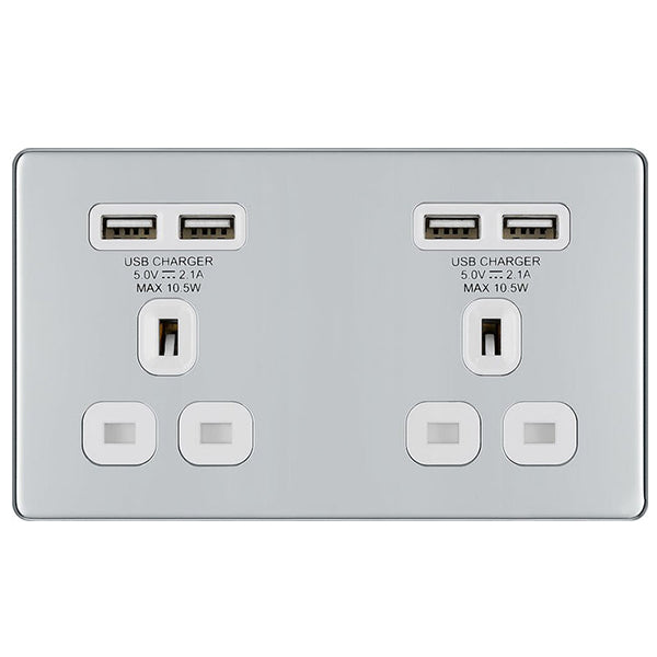 BG Electrical FPC24U44W Nexus Screwless Flat-Plate Unswitched Double Plug Socket Polished Chrome White Insert 4 USB 4.2A