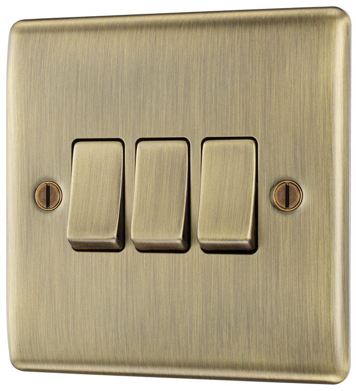 NAB43 Front - This antique brass finish 20A 16AX triple light switch from British General can operate 3 different lights whilst the 2 way switching allows a second switch to be added to the circuit to operate the same light from another location (e.g. at the top and bottom of the stairs).