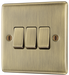 NAB43 Front - This antique brass finish 20A 16AX triple light switch from British General can operate 3 different lights whilst the 2 way switching allows a second switch to be added to the circuit to operate the same light from another location (e.g. at the top and bottom of the stairs).