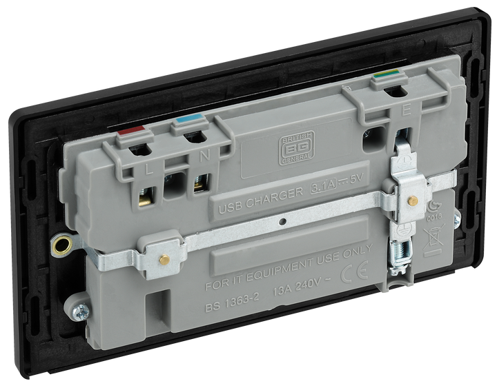 PCDMB22U3B Back - This Evolve Matt Black 13A double power socket from British General comes with two USB charging ports, allowing you to plug in an electrical device and charge mobile devices simultaneously without having to sacrifice a power socket. 