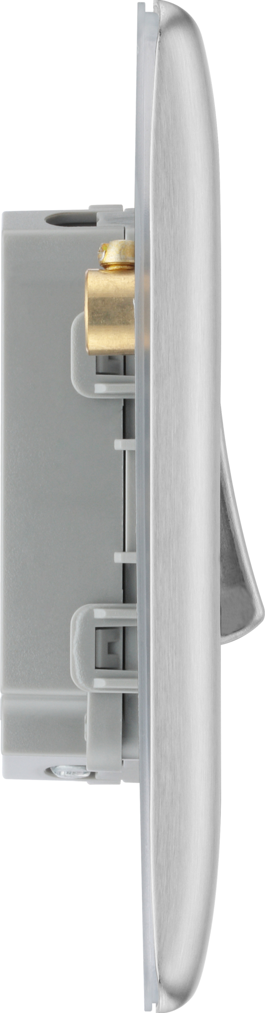 NBS44 Side - This brushed steel finish 20A 16AX quadruple light switch from British General can operate 4 different lights whilst the 2 way switching allows a second switch to be added to the circuit to operate the same light from another location (e.g. at the top and bottom of the stairs).