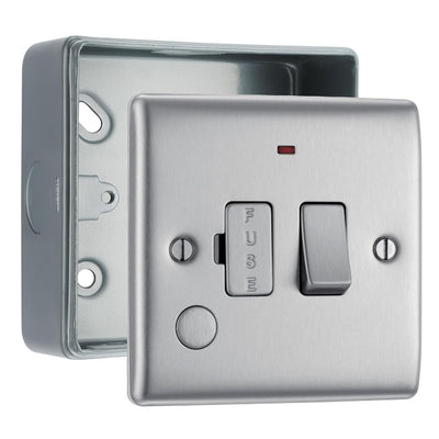 BG Nexus Brushed Steel Switched 13A Flex Outlet Neon Switched Fused Connection Unit & Surface Pattress Back Box by British General (BG-NBS53+MC501)