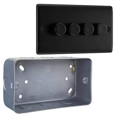 BG Nexus Metal Matt Black 4 Gang 200W 2 Way Push On-Off Intelligent LED Dimmer Switch NFB84 by British General (BG-NFB84+MC502-01)