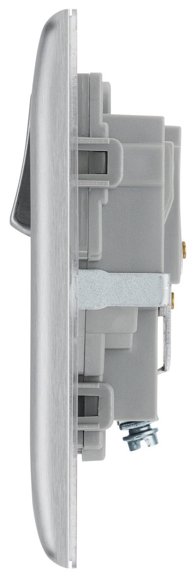 NBS21G Side - This brushed steel finish 13A single switched socket from British General has a sleek and slim profile with softly rounded edges, anti-fingerprint lacquer and no visible plastic around the switch for a luxurious finish.
