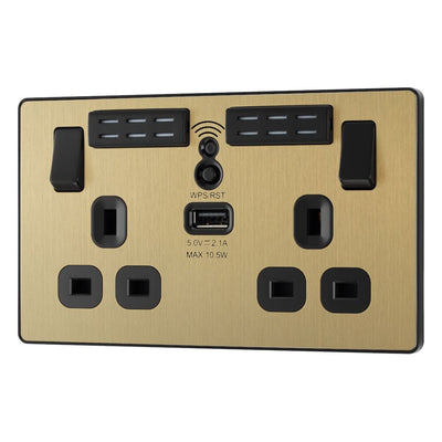BG Evolve Satin Brass Double USB Socket with WiFi Extender PCDSB22UWRB and 25mm Steel Back Box