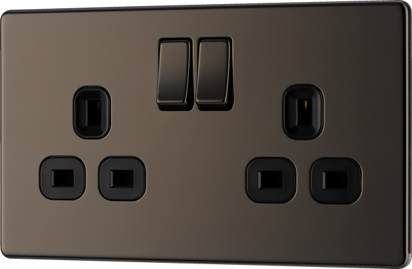 FBN22B Front - This Screwless Flat plate black nickel finish 13A double switched socket from British General has a sleek flat profile that clips on and off for a screwless premium finish, with no visible plastic around the switches.