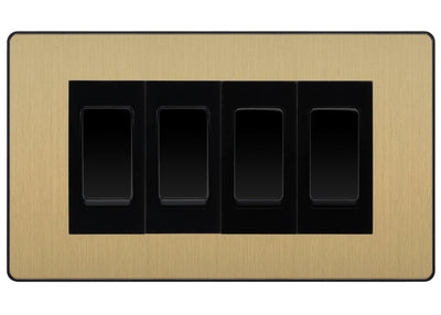 BG Evolve Satin Brass 4-Gang Light Switch 2x 2-Way + 2x Intermediate – Black Inserts