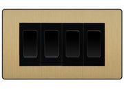 BG Evolve Satin Brass 4-Gang Light Switch 2x 2-Way + 2x Intermediate – Black Inserts