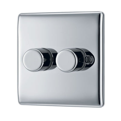 BG Nexus Polished Chrome 2 Gang 200W 2 Way Trailing Edge Push Type Dimmer Switch NPC82 with 35mm Steel Back Box