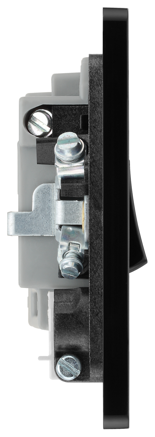 PCDSB52B Side - This Evolve Satin Brass 13A fused and switched connection unit from British General with power indicator provides an outlet from the mains containing the fuse, ideal for spur circuits and hardwired appliances. This FCU has a low profile screwless flat plate that clips on and off, making it ideal for modern interiors.