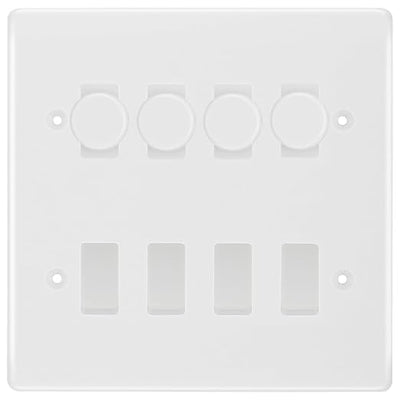 BG White Moulded 8 Gang Switch 4x Trailing Edge LED Dimmer, 2x Intermediate, 2x 2-Way Switch by British General (BG-Nexus-WM-8G-4x-Dimmer-2x-INT-2x-2Way)