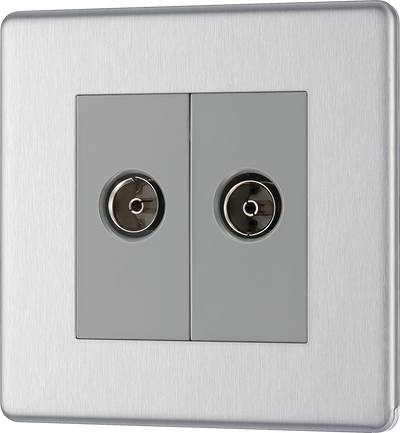 BG FBS61 Flatplate Screwless Co-axial Socket, 2 Gang, Brushed Steel -  Grey Insert