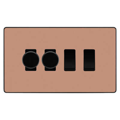 BG Evolve Polished Copper 4 Gang Light Switch 2x Trailing Edge LED Dimmer 2x 2 Way Custom Switch by British General (Evolve-PC-CUSTOM-4GANG-2xDIMMER-2x 2WAY)