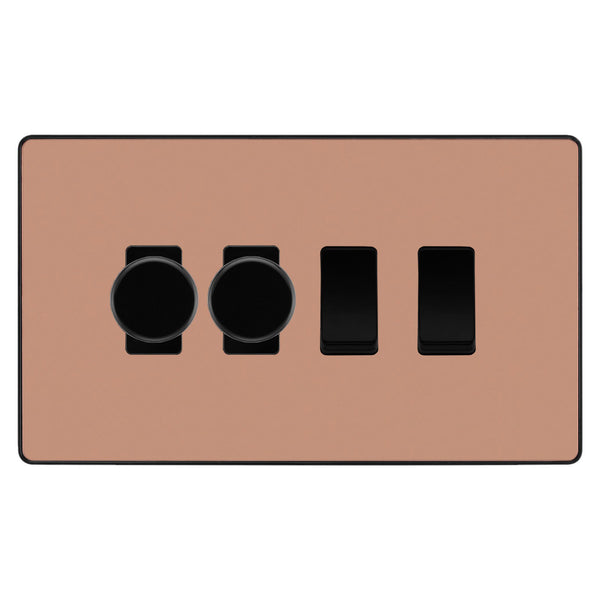 BG Evolve Polished Copper 4 Gang Light Switch 2x Trailing Edge LED Dimmer 2x 2 Way Custom Switch