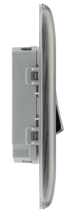 NBI42 Side -  This brushed Iridium finish 20A 16AX double light switch from British General can operate 2 different lights whilst the 2 way switching allows a second switch to be added to the circuit to operate the same light from another location (e.g. at the top and bottom of the stairs).
