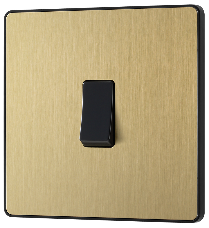 PCDSB12B Front - This Evolve Satin Brass 20A 16AX single light switch from British General will operate one light in a room. The 2 way switching allows a second switch to be added to the circuit to operate the same light from another location (e.g. at the top and bottom of the stairs).