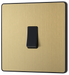 PCDSB12B Front - This Evolve Satin Brass 20A 16AX single light switch from British General will operate one light in a room. The 2 way switching allows a second switch to be added to the circuit to operate the same light from another location (e.g. at the top and bottom of the stairs).