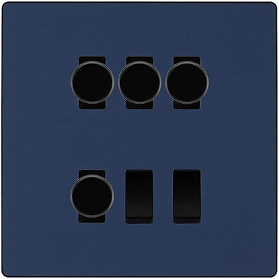 BG Evolve Matt Blue 6 Gang Switch 4x Trailing Edge LED Dimmer, 1x Intermediate, 1x 2-Way Switch by British General (BG-Evolve-DB-6G-4x-Dimmer-1x-INT-1x-2Way)