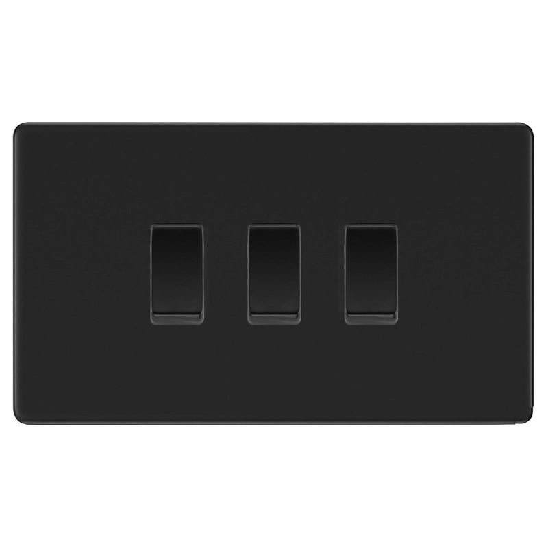 BG Screwless Matt Black 3 Gang Switch 1x Intermediate 2x 2 Way Custom Grid