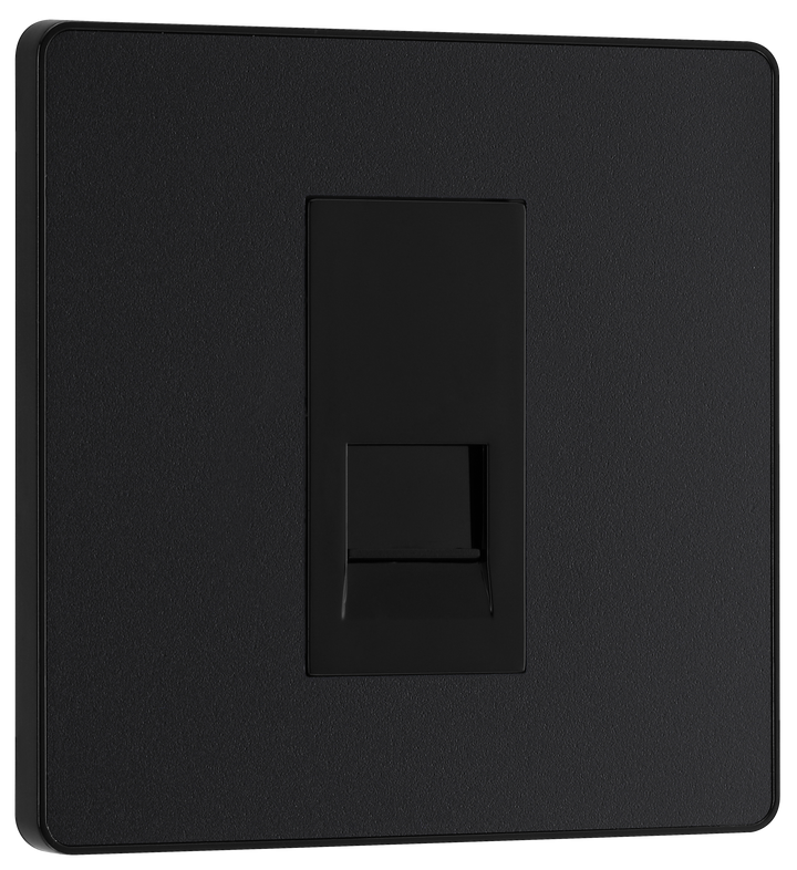 PCDMBBTS1B Front -  This Evolve Matt Black Secondary telephone socket from British General uses a screw terminal connection, and should be used for an additional telephone point which feeds from the master telephone socket. This socket has a low profile screwless flat plate that clips on and off, making it ideal for modern interiors.