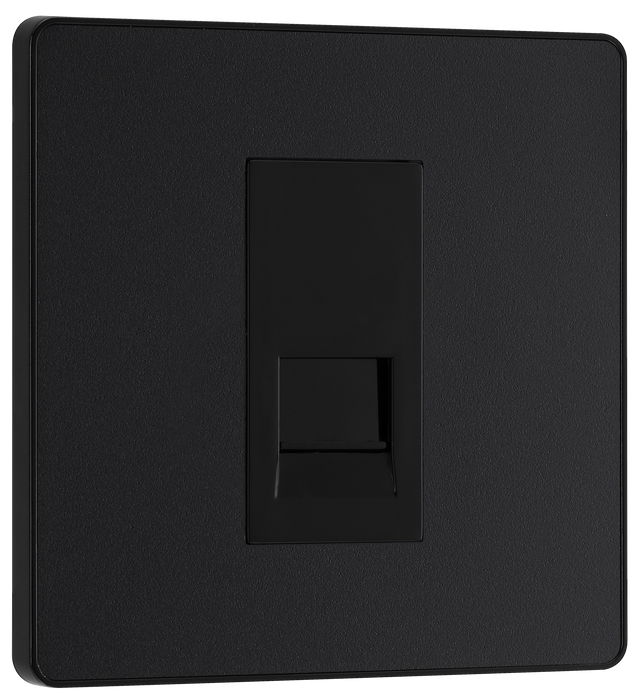 PCDMBBTS1B Front -  This Evolve Matt Black Secondary telephone socket from British General uses a screw terminal connection, and should be used for an additional telephone point which feeds from the master telephone socket. This socket has a low profile screwless flat plate that clips on and off, making it ideal for modern interiors.