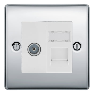 BG Nexus Polished Chrome TV Aerial & RJ45 CAT6 Data Socket - White Insert