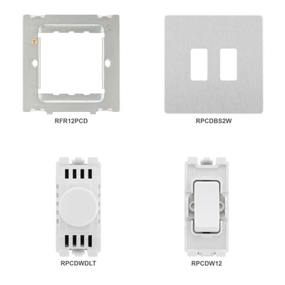 BG Evolve Brushed Steel 2 Gang Light Switch 1x Dual Mode LED Dimmer 1x 2 Way Custom Switch