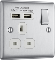 BG NBS21U2W Nexus Metal Brushed Steel 1 Gang 13A 2x USB-A 2.1A Switched Socket - White Insert by British General (BG-NBS21U2W-Shopify-SA_1)