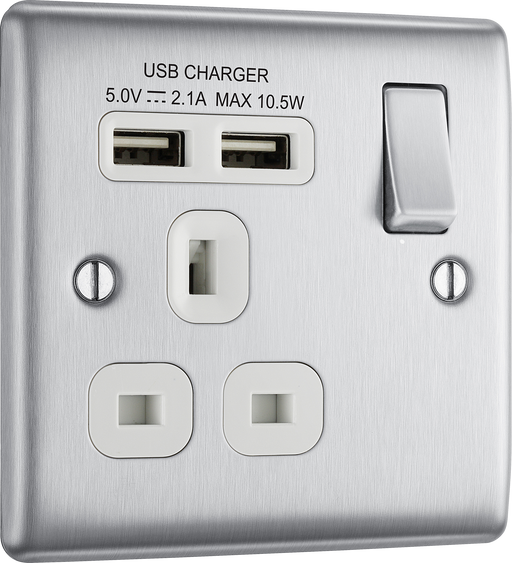 NBS21U2W Front - This 13A single power socket from British General comes with two USB charging ports allowing you to plug in an electrical device and charge mobile devices simultaneously without having to sacrifice a power socket.