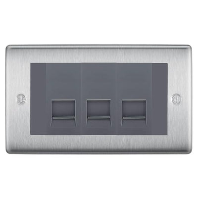 BG Nexus Brushed Steel 3 Gang IDC Secondary Telephone Socket - Grey Insert by British General (BG-NBSBTS3G)