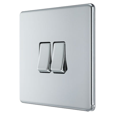 BG Screwless Polished Chrome 20A 16AX 2 Way Double Light Switch FPC42 with 35mm Steel Back Box