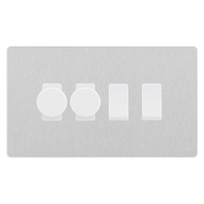 BG Evolve Brushed Steel 4 Gang Light Switch 2x Trailing Edge LED Dimmer 2x 2 Way Custom Switch by British General (Evolve-BS-CUSTOM-4GANG-2xDIMMER-2x-2WAY)