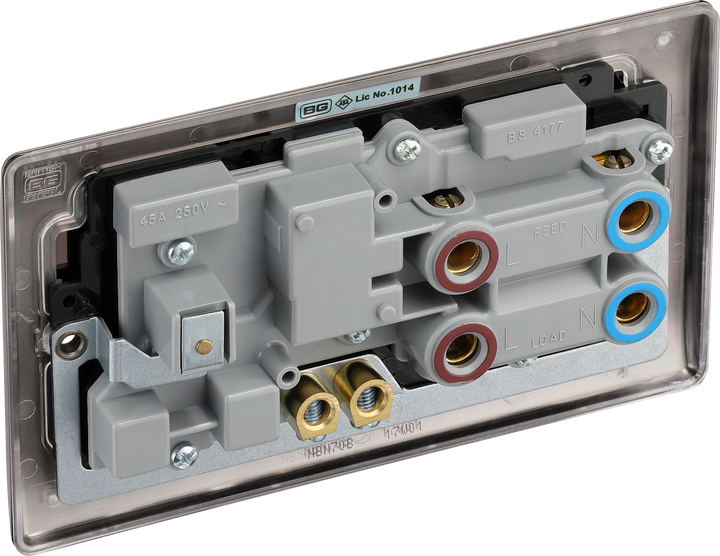 NBN70B Back - This 45A cooker control unit from British General includes a 13A socket for an additional appliance outlet, and has flush LED indicators above the socket and switch.