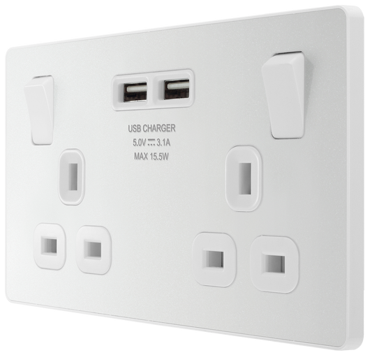 PCDCL22U3W Side - This Evolve pearlescent white 13A double power socket from British General comes with two USB charging ports, allowing you to plug in an electrical device and charge mobile devices simultaneously without having to sacrifice a power socket.