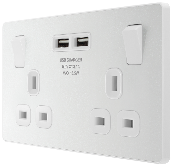 PCDCL22U3W Side - This Evolve pearlescent white 13A double power socket from British General comes with two USB charging ports, allowing you to plug in an electrical device and charge mobile devices simultaneously without having to sacrifice a power socket.