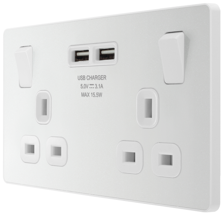 PCDCL22U3W Side - This Evolve pearlescent white 13A double power socket from British General comes with two USB charging ports, allowing you to plug in an electrical device and charge mobile devices simultaneously without having to sacrifice a power socket.